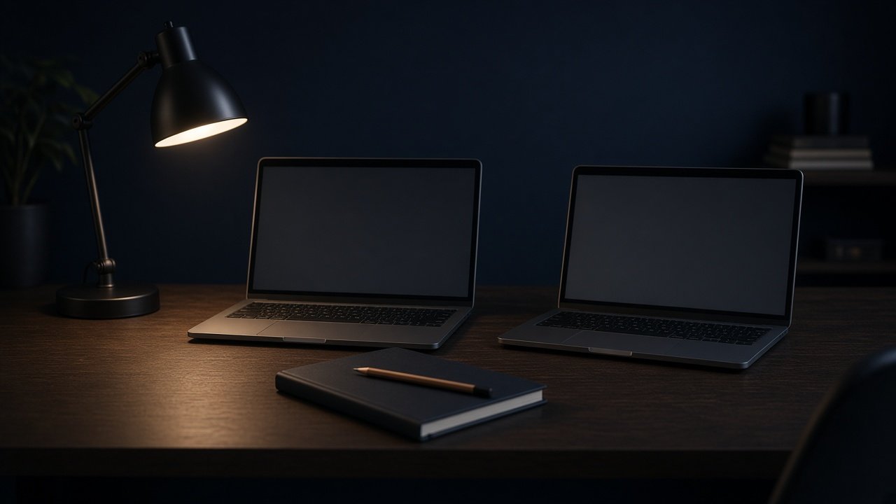Two laptops side by side on a dark desk, with a closed notebook and pencil in front of them.