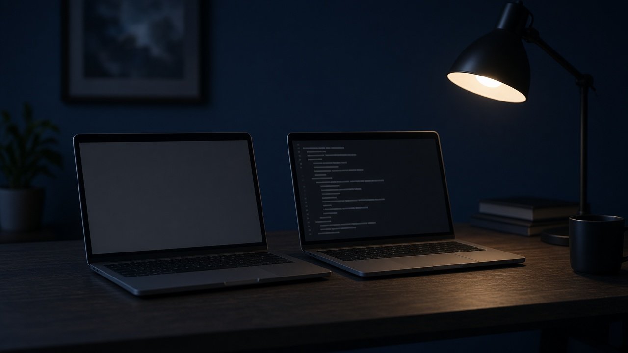 Two laptops side by side on a dark desk, one showing faint blank editor lines on its screen.