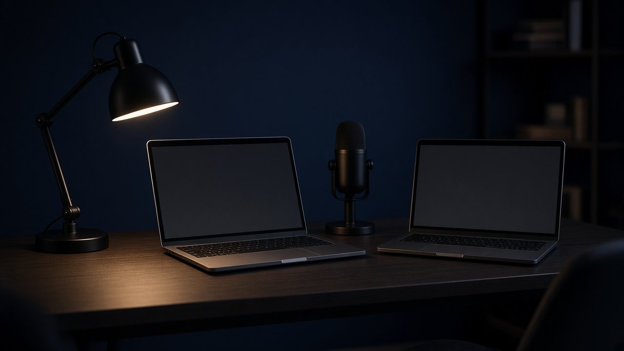 Two laptops side by side on a dark desk, with a desktop microphone between them.