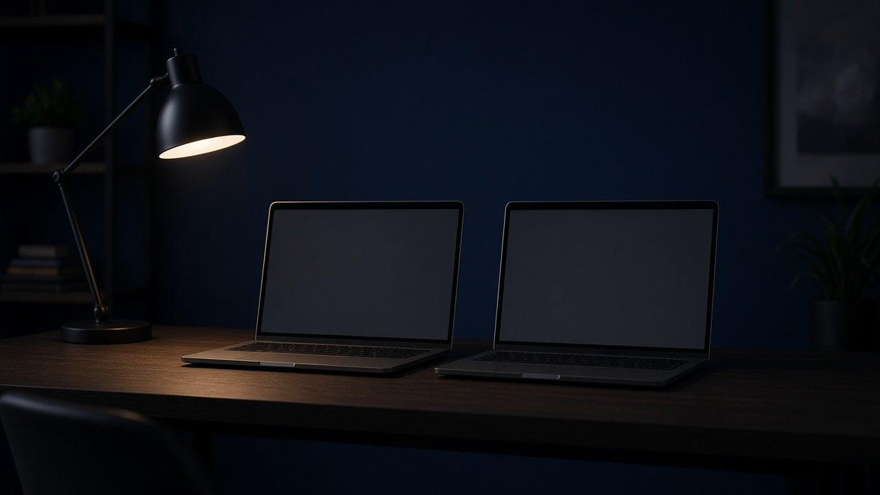 Two laptops side by side on a dark desk, both with blank screens, under a warm desk lamp.