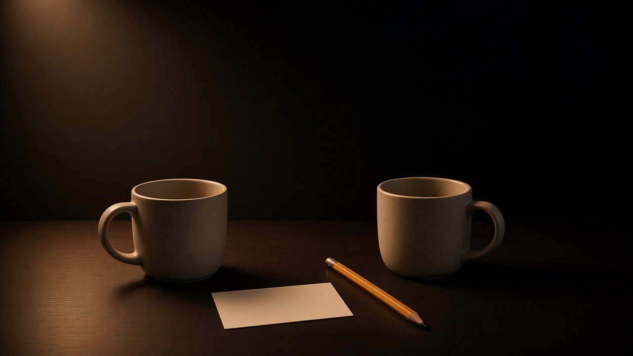 Two ceramic mugs on a dark wooden desk under a warm lamp, with a blank index card and a wooden pencil between them.