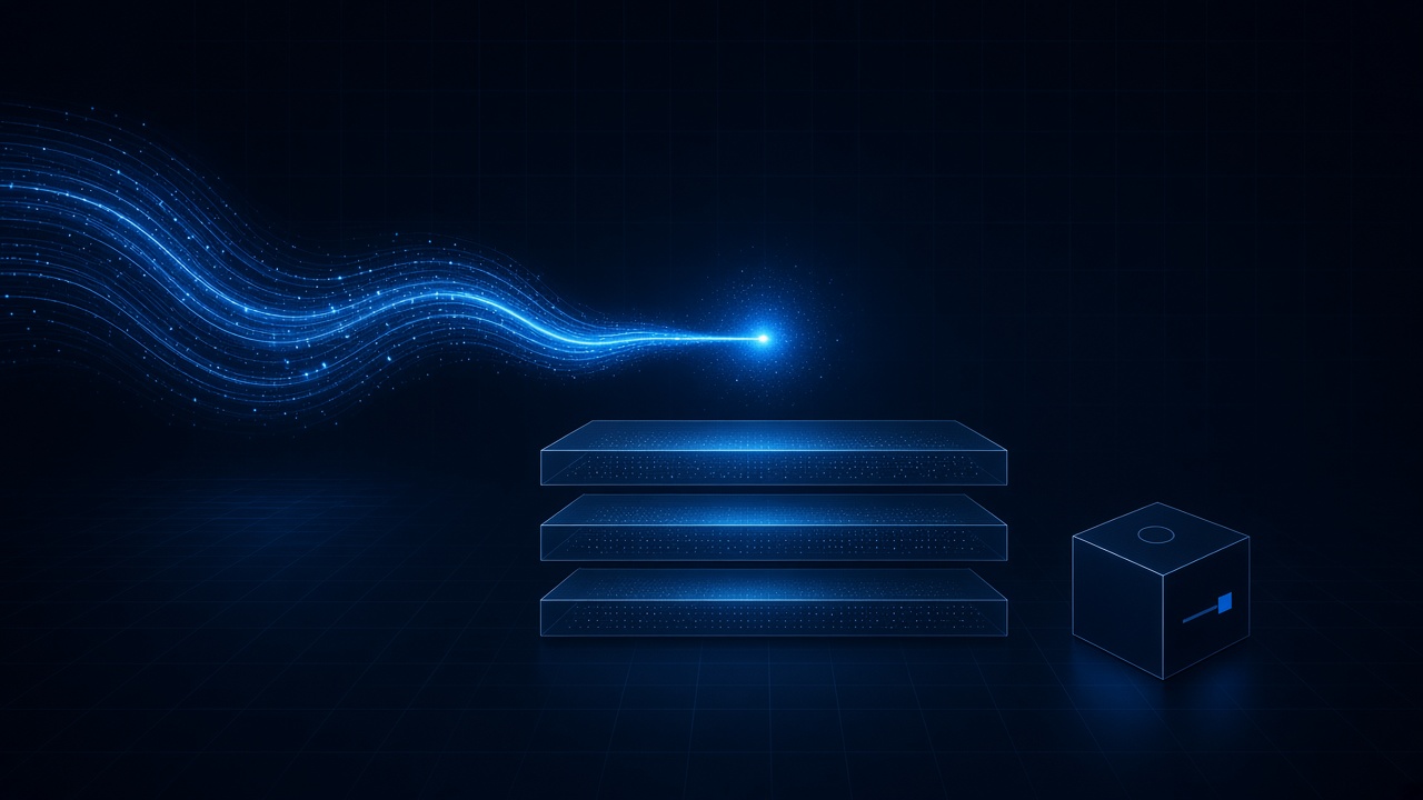 A long luminous path compressing into a short node above stacked cache plates.