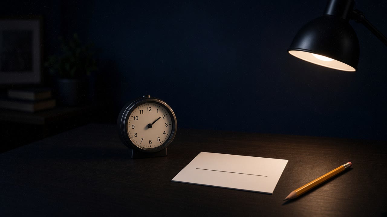 A round desk clock, a pencil, and a blank index card with one line, on a dark desk under a warm lamp.