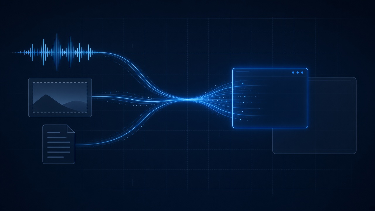 Sound, a screen region, and a document flowing into a window that sits apart from a larger share rectangle.
