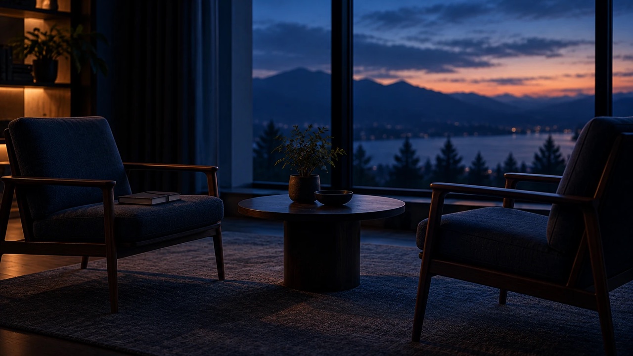 Two empty chairs facing each other across a small table in soft window light, a notebook closed on one of them.