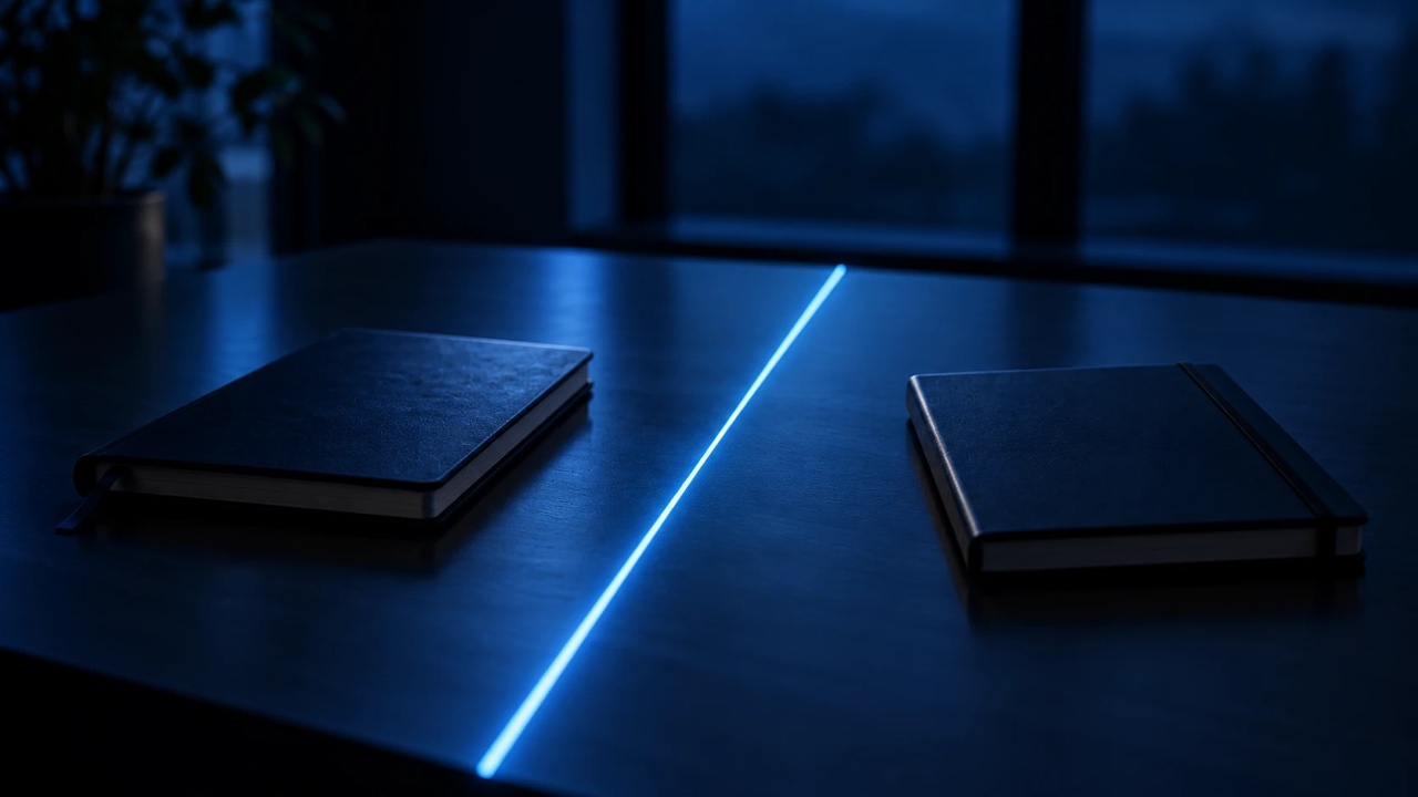 A single luminous line dividing a calm dark desk, with a closed notebook resting on each side.