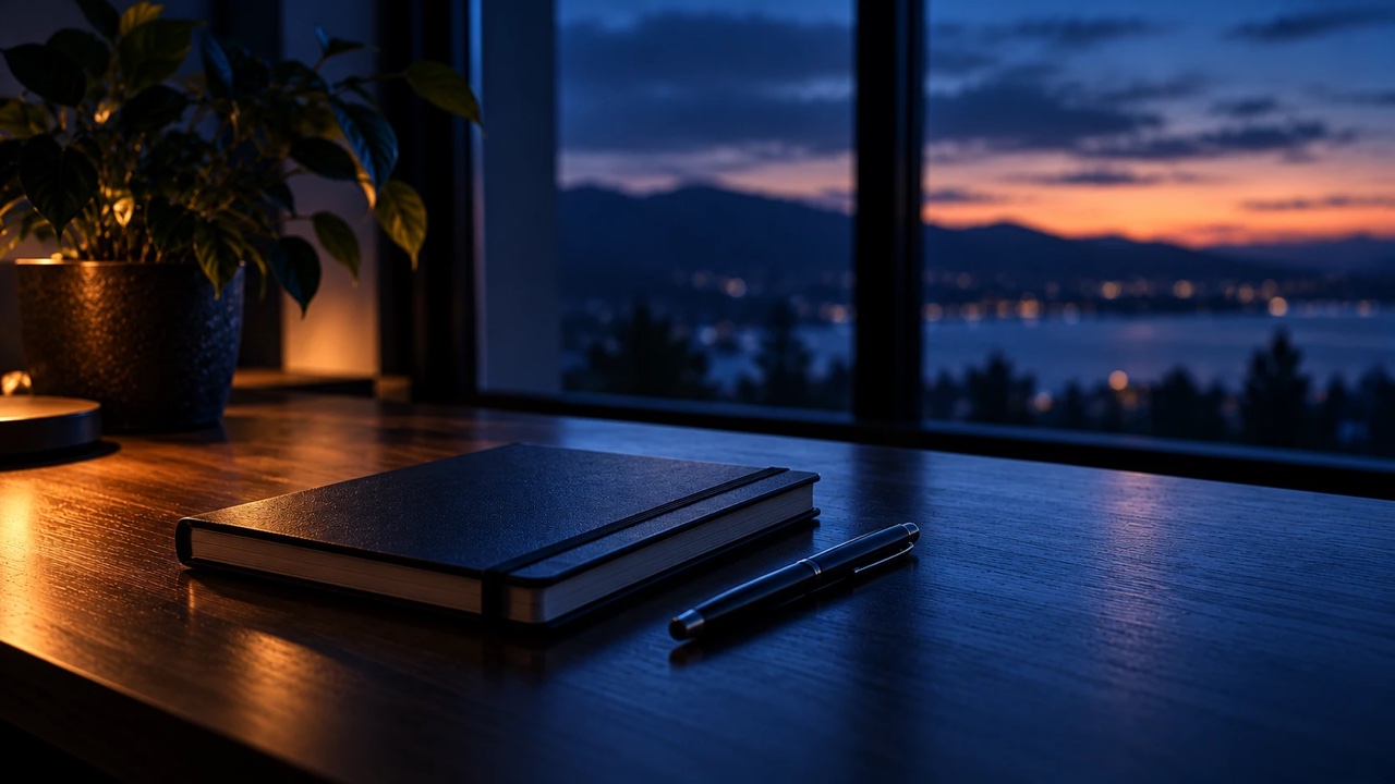 A calm, softly lit workspace with a notebook and a pen beside a window, shallow depth of field, no text visible.