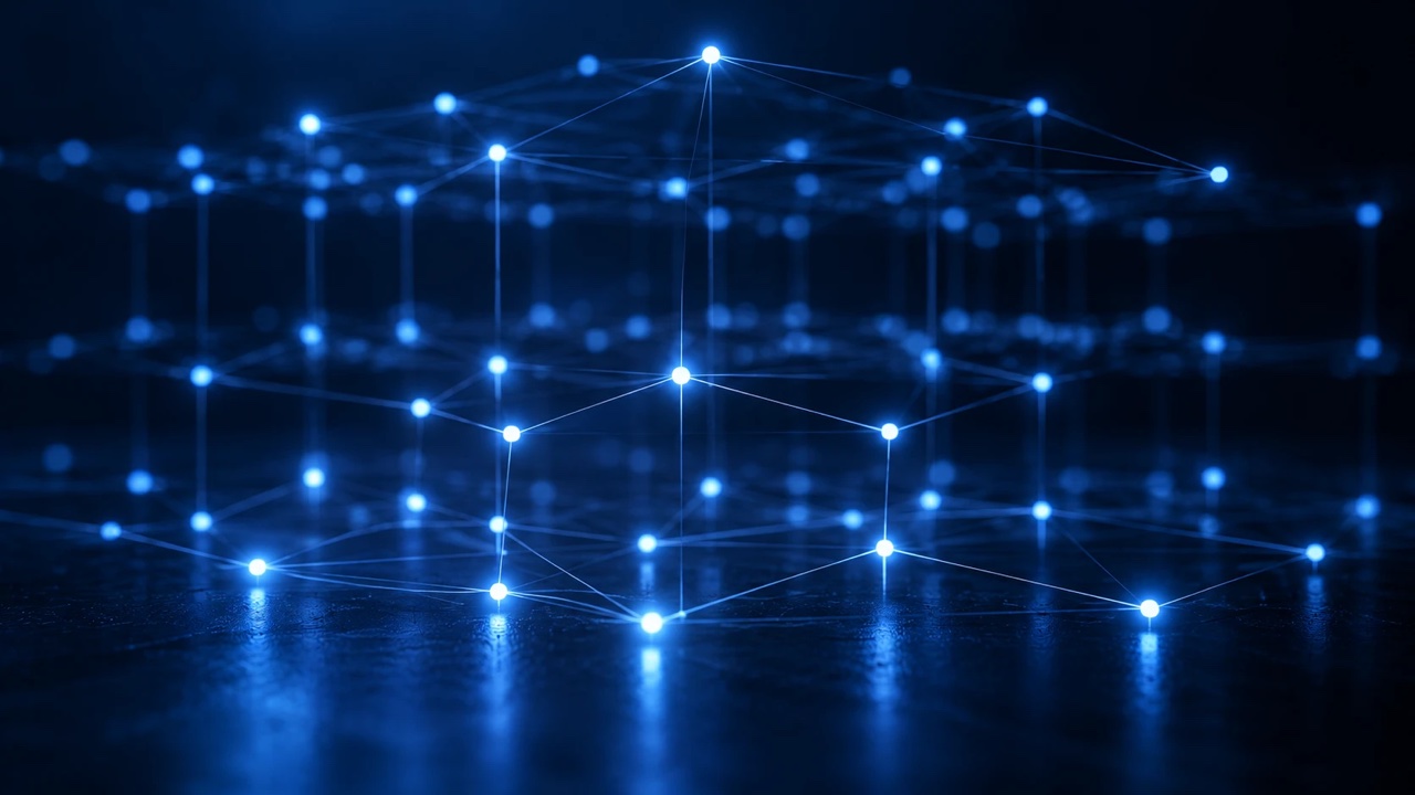 Connected nodes of soft light arranged in layers above a dark surface, with no text.