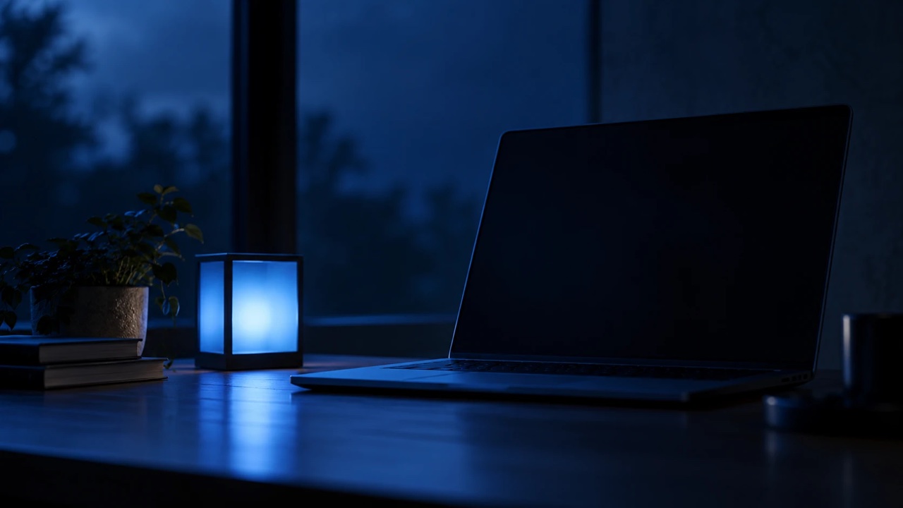 A single small window of soft light resting beside a larger dark rectangle on a calm desk.