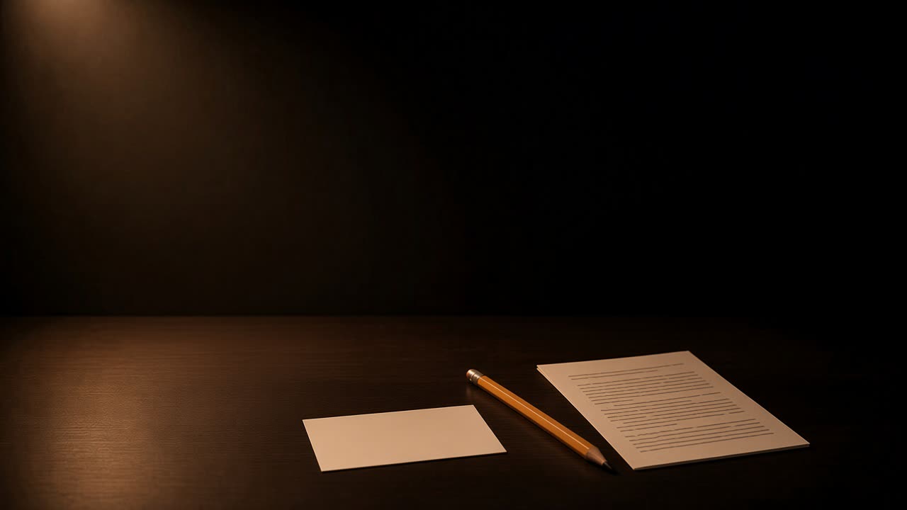 A folded printed page, a blank index card, and a wooden pencil on a dark desk under a warm lamp.