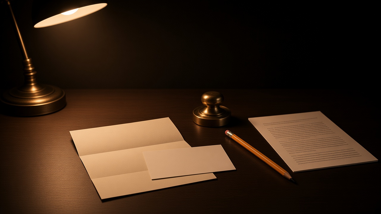 A folded cream letter, a blank index card, a wooden pencil, and a small brass paperweight on a dark desk under a warm lamp.