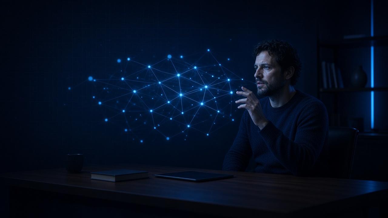A person at a dim desk with a glowing structure of nodes in front of them.