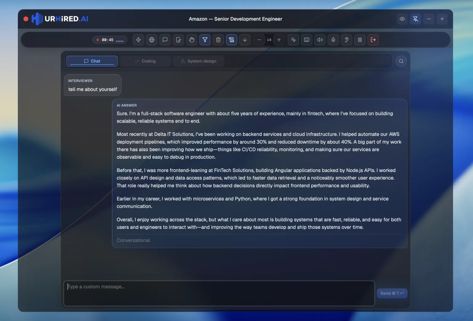 The chat surface mid-answer: the transcribed question at the top and a streaming STAR-formatted response below it.
