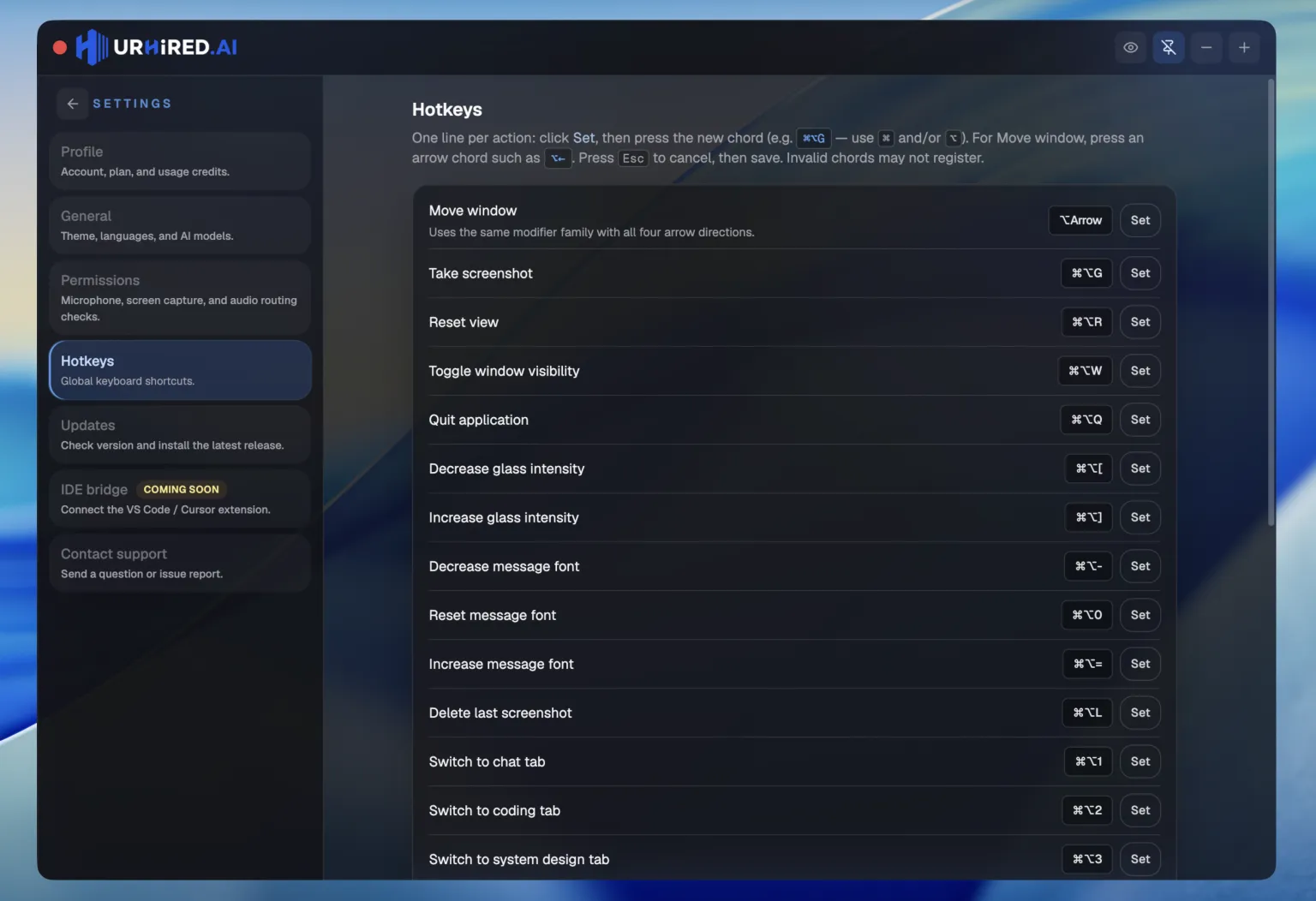 The Hotkeys settings tab listing every action with its current binding and an editable shortcut field.