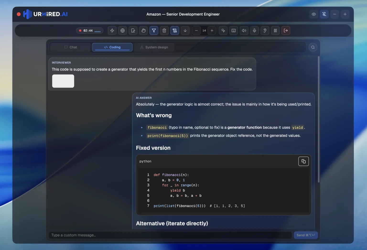The coding surface showing a captured problem statement, an approach summary, syntax-highlighted solution code, and complexity analysis.