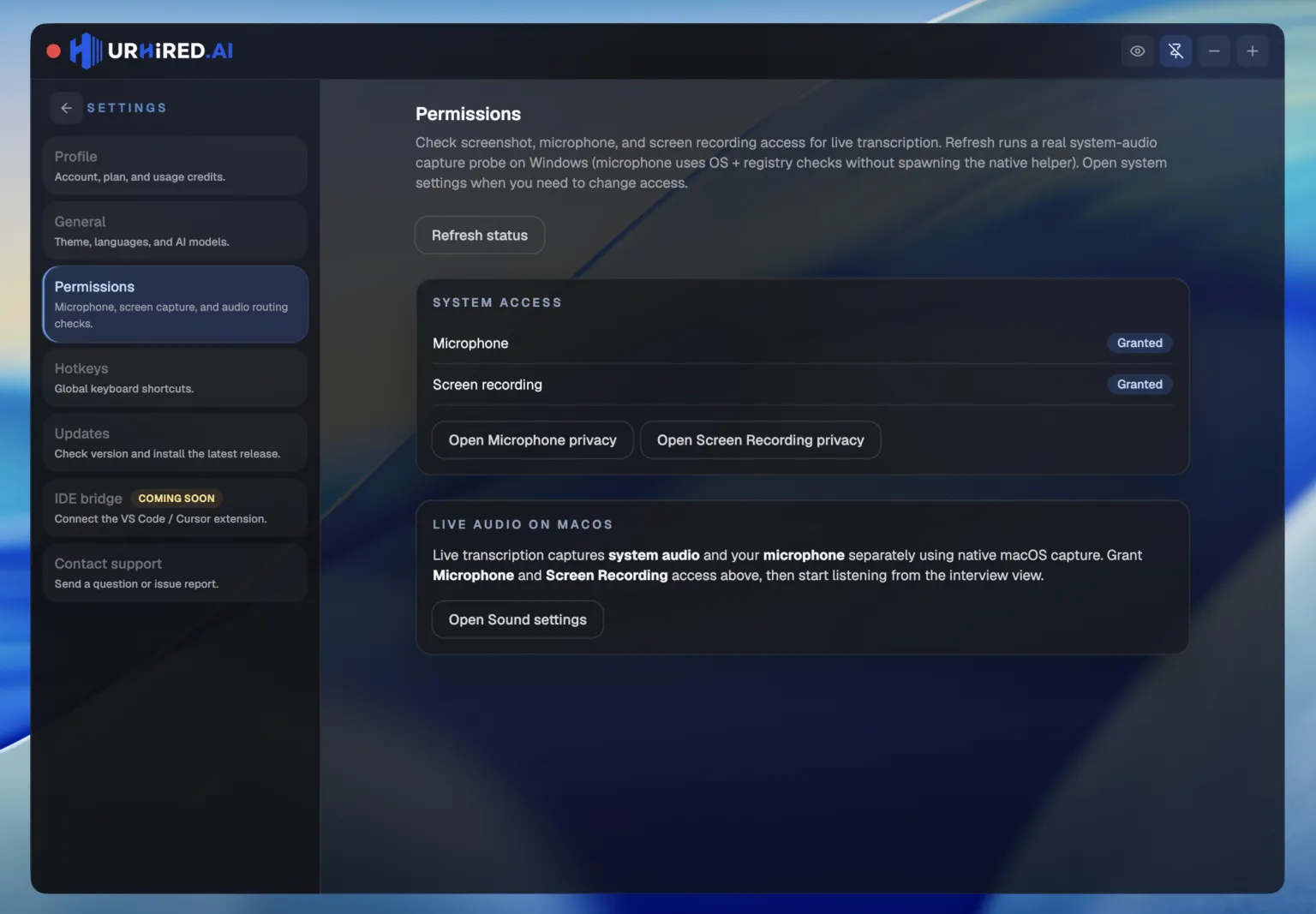 The Permissions settings tab with Microphone and Screen recording both granted, buttons that open each system privacy pane, and the Live audio on macOS card.
