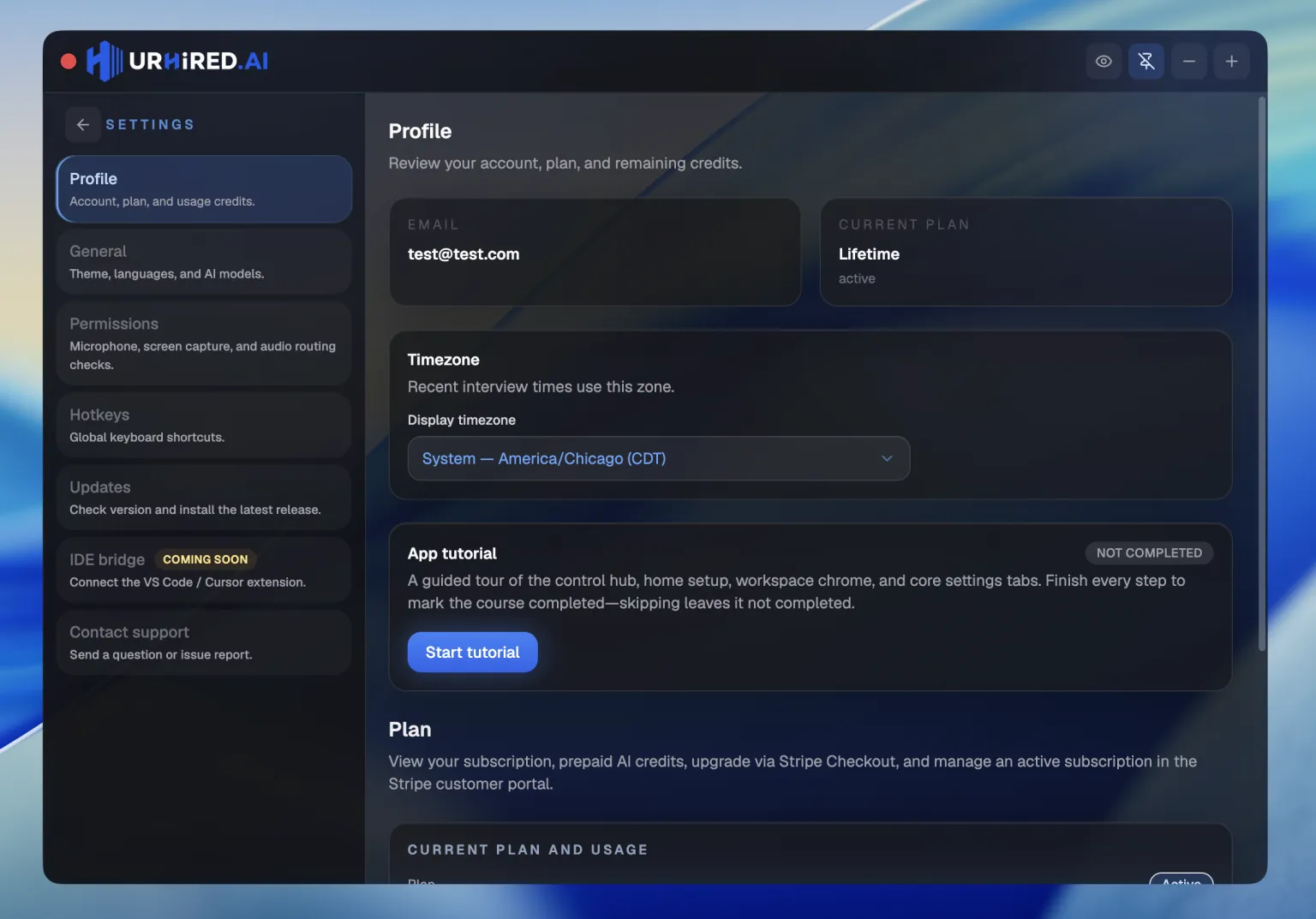 The Profile & Plan settings tab showing the current tier, remaining credits, billing interval, and a manage subscription button.