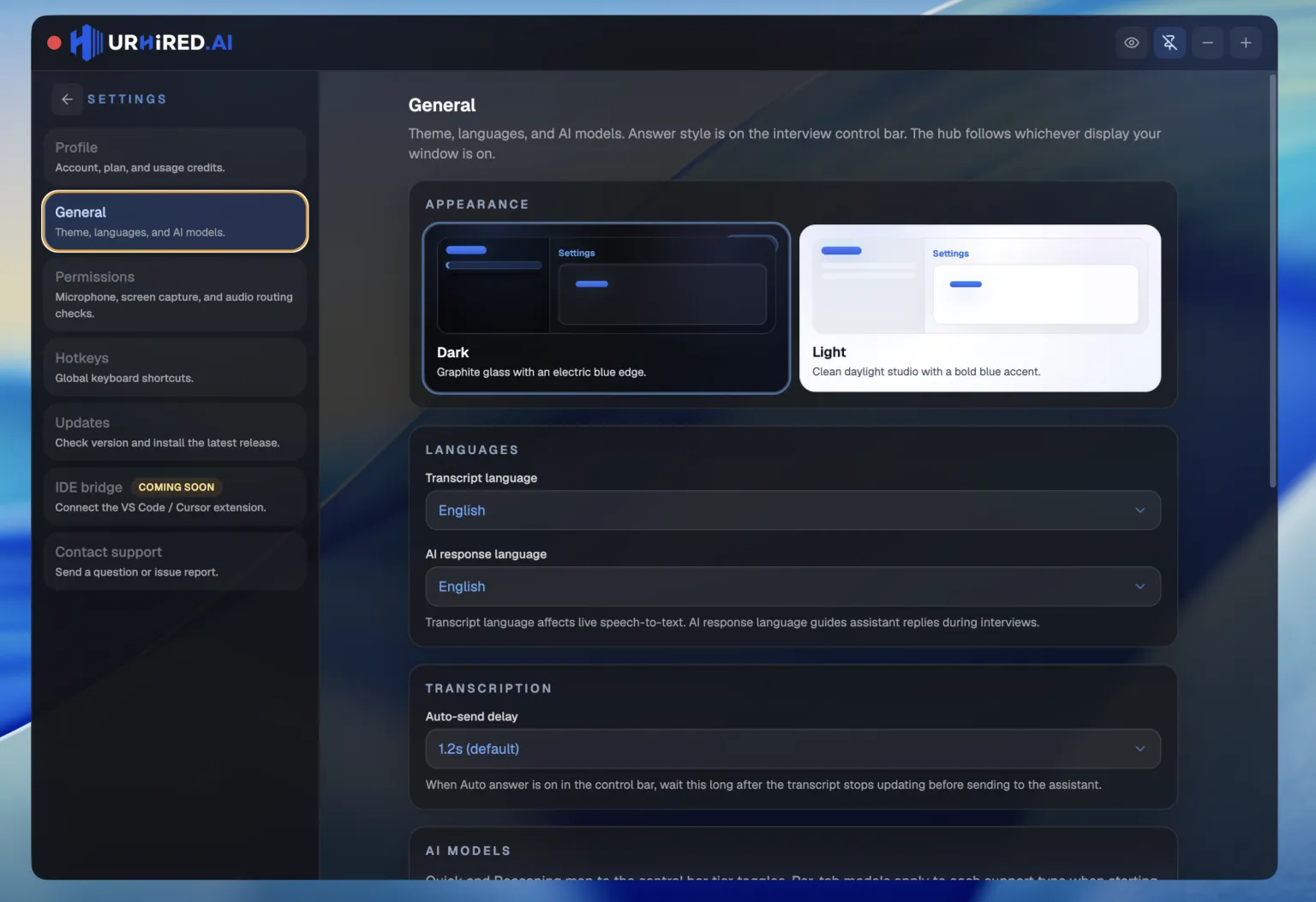 The settings window with the General tab open, showing theme selection, response language, and the AI models card.